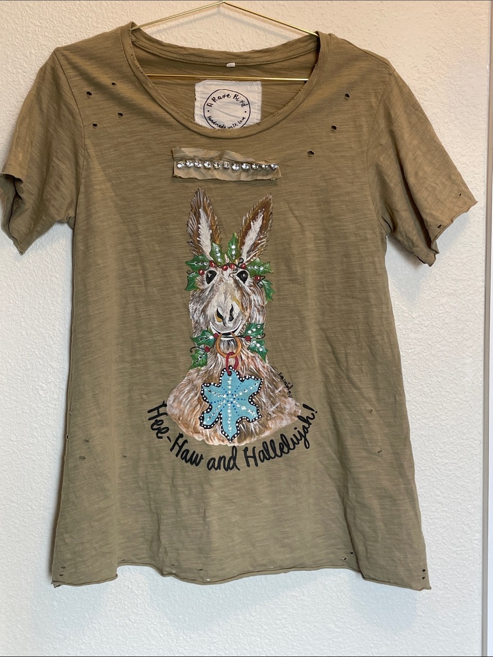 A Rare Bird “ Hee-Haw and Hallelujah” Distressed Raw Hem Jeweled Boho T Shirt